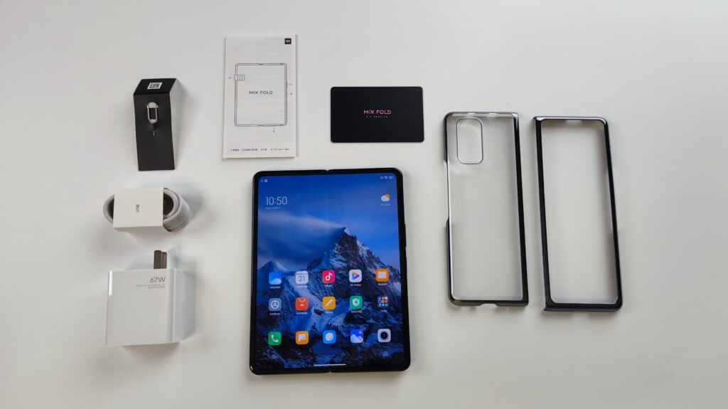 The Xiaomi Mi Mix Fold and out-of-the-box accessories.